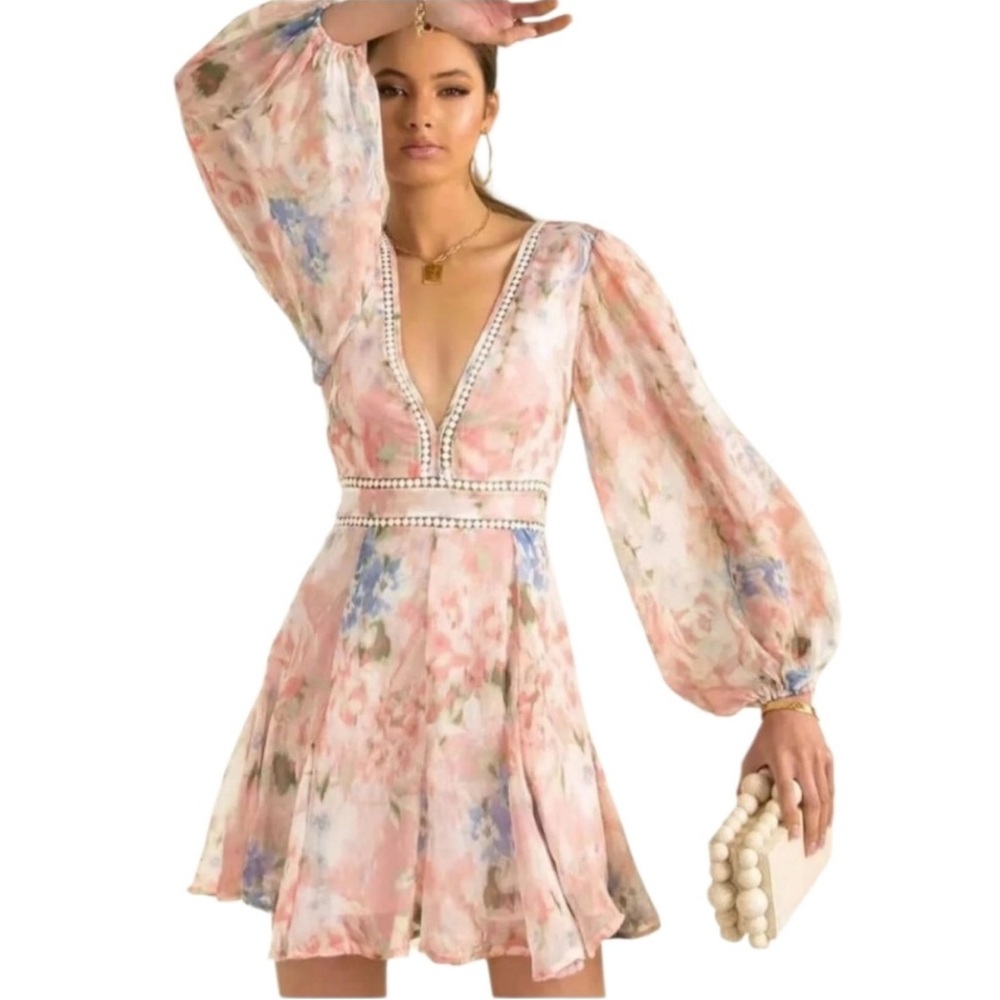 Floral Pink Long Sleeve V-Neck Mini Dress